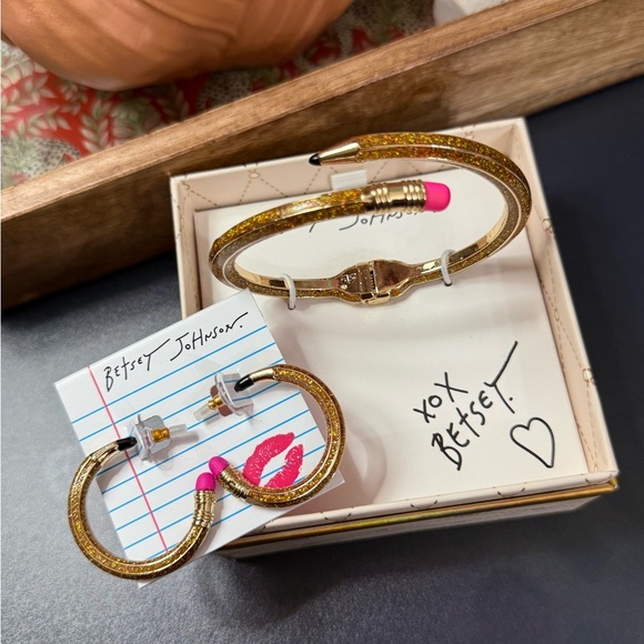 *NWT* Betsey Johnson Gold Glitter Pencil Hoop Earrings & Hinged Bracelet Set - Picture 2 of 6